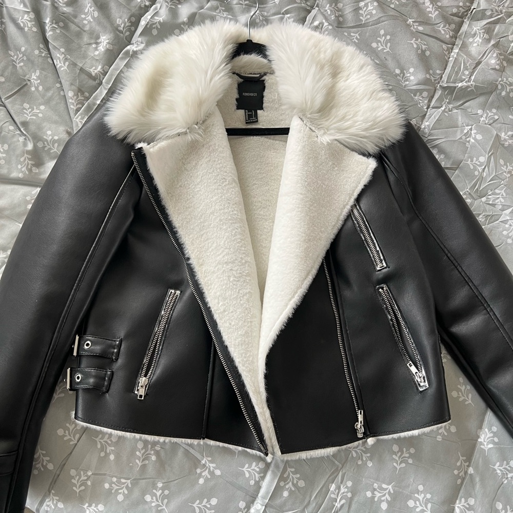 Women's Black and White Faux Leather Jacket